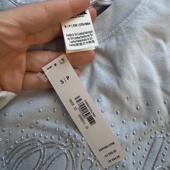 Victoria's Secret PINK Hydrangea Blue Campus Cotton Bling Long Sleeve Tee NWT S - Picture 5 of 5